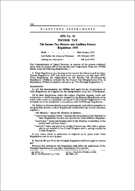 The Income Tax (Reserve and Auxiliary Forces) Regulations 1975