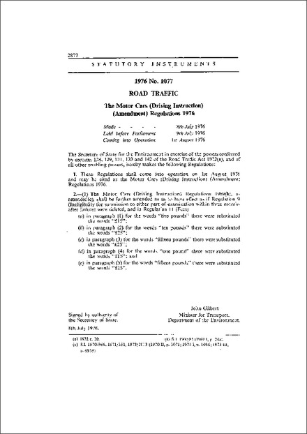 The Motor Cars (Driving Instruction) (Amendment) Regulations 1976