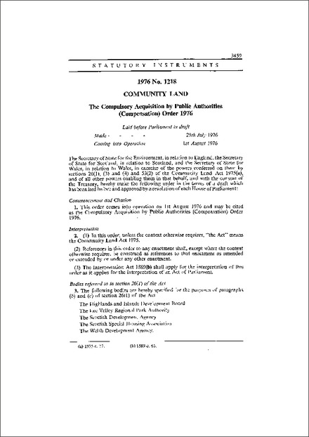 The Compulsory Acquisition by Public Authorities (Compensation) Order 1976