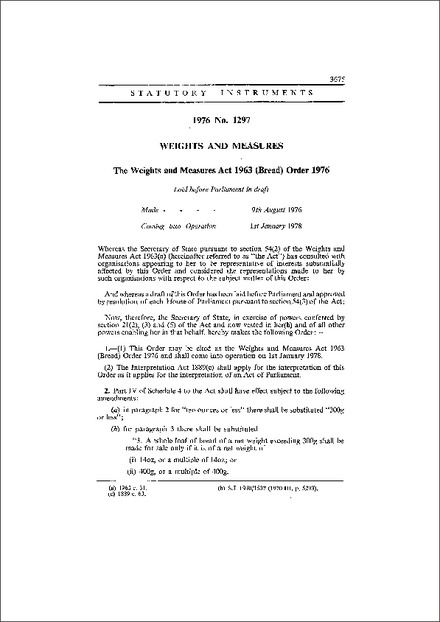 The Weights and Measures Act 1963 (Bread) Order 1976