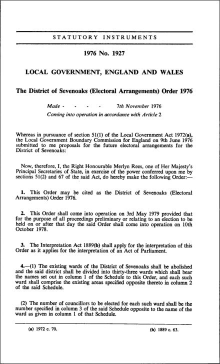 The District of Sevenoaks (Electoral Arrangements) Order 1976