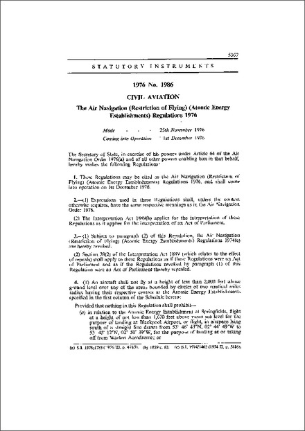 The Air Navigation (Restriction of Flying) (Atomic Energy Establishments) Regulations 1976
