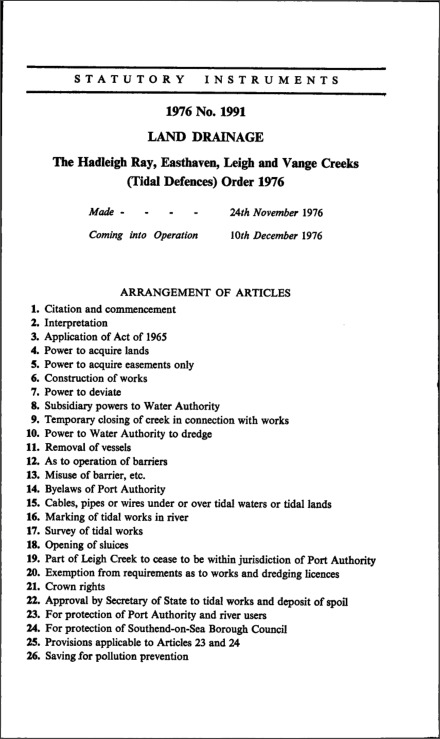 The Hadleigh Ray, Easthaven, Leigh and Vange Creeks (Tidal Defences) Order 1976