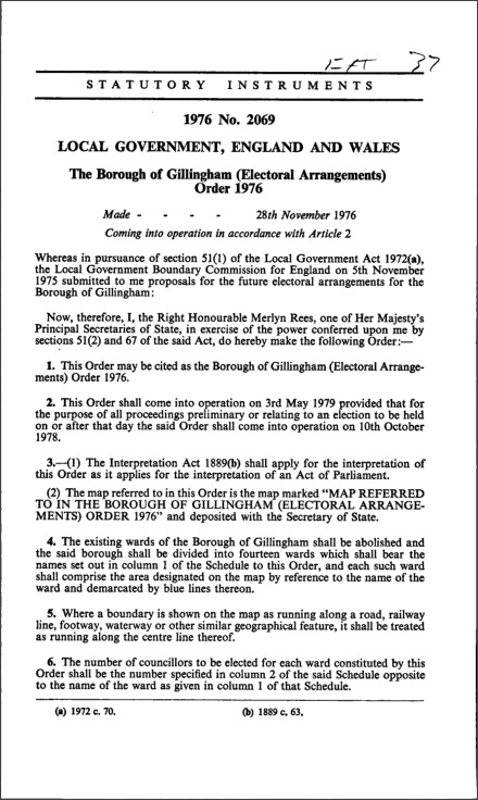 The Borough of Gillingham (Electoral Arrangements) Order 1976