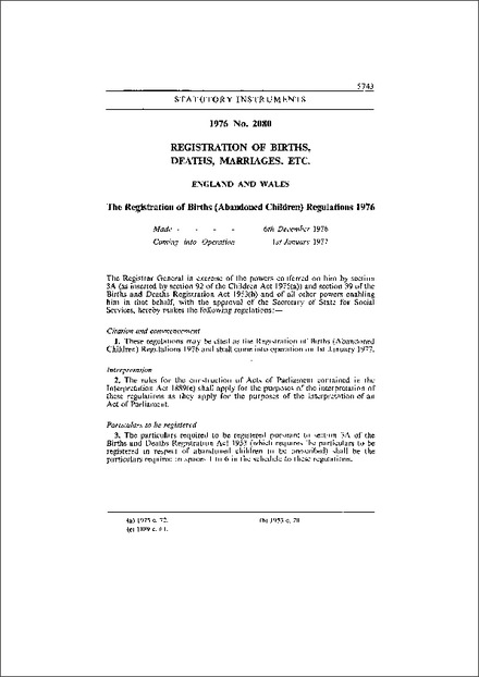 The Registration of Births (Abandoned Children) Regulations 1976