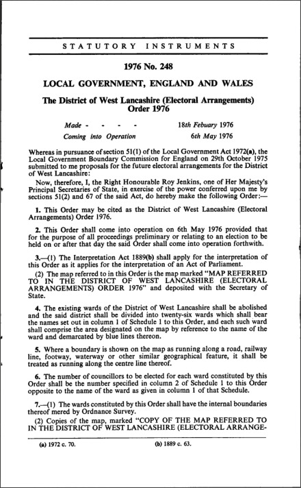 The District of West Lancashire (Electoral Arrangements) Order 1976