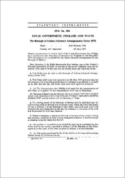 The Borough of Halton (Electoral Arrangements) Order 1976