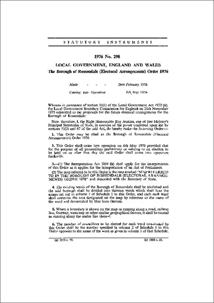 The Borough of Rossendale (Electoral Arrangements) Order 1976