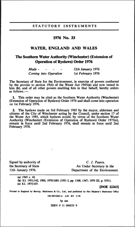 The Southern Water Authority (Winchester) (Extension of Operation of Byelaws) Order 1976