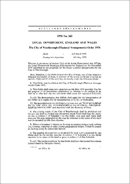 The City of Peterborough (Electoral Arrangements) Order 1976