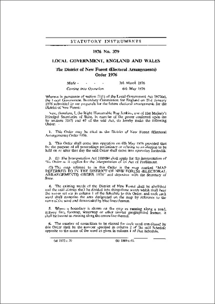 The District of New Forest (Electoral Arrangements) Order 1976