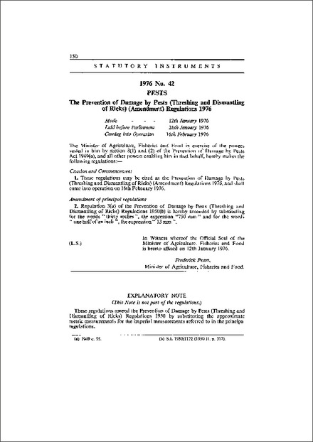 The Prevention of Damage by Pests (Threshing and Dismantling of Ricks) (Amendment) Regulations 1976