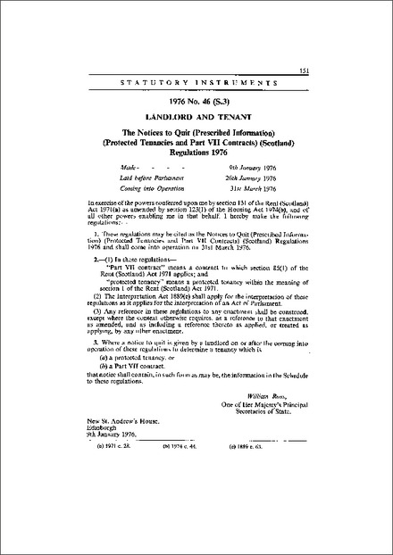 The Notices to Quit (Prescribed Information) (Protected Tenancies and Part VII Contracts) (Scotland) Regulations 1976