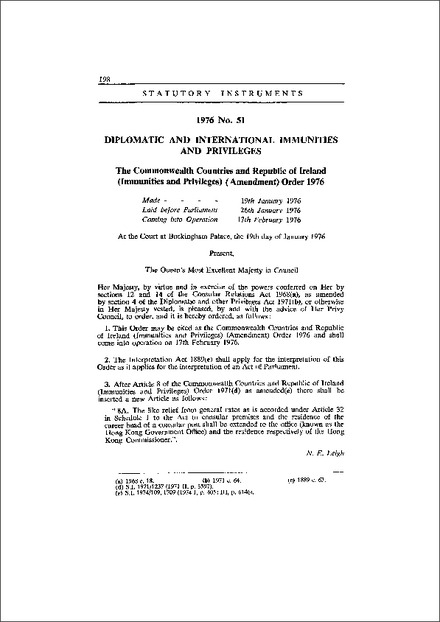The Commonwealth Countries and Republic of Ireland (Immunities and Privileges) (Amendment) Order 1976