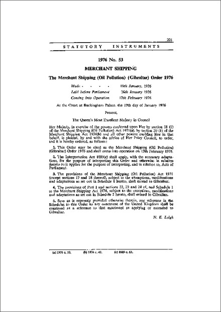 The Merchant Shipping (Oil Pollution) (Gibraltar) Order 1976