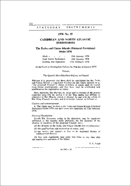 The Turks and Caicos Islands (Electoral Provisions) Order 1976