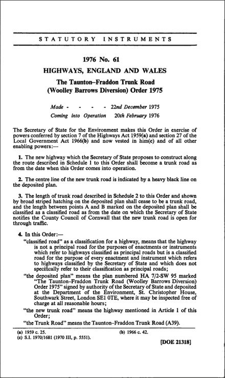 The Taunton—Fraddon Trunk Road (Woolley Barrows Diversion) Order 1975