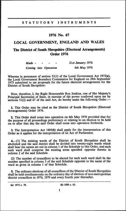 The District of South Shropshire (Electoral Arrangements) Order 1976