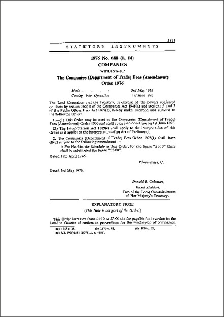 The Companies (Department of Trade) Fees (Amendment) Order 1976