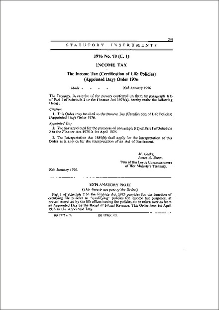 The Income Tax (Certification of Life Policies) (Appointed Day) Order 1976