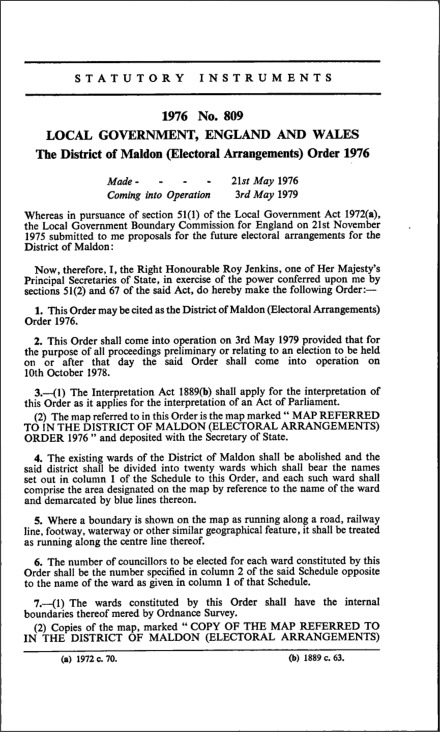 The District of Maldon (Electoral Arrangements) Order 1976