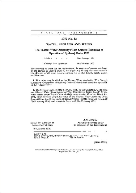 The Thames Water Authority (West Surrey) (Extension of Operation of Byelaws) Order 1976
