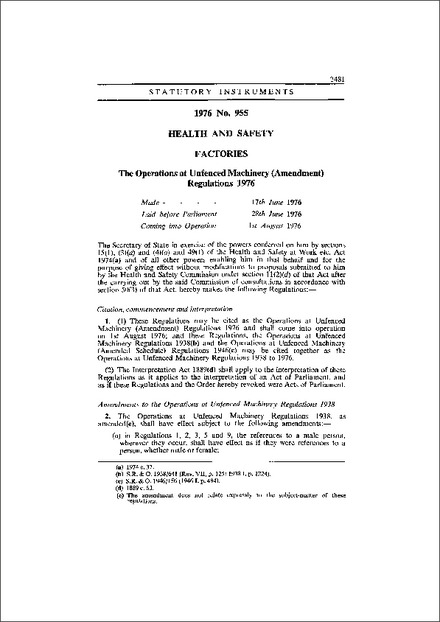 The Operations at Unfenced Machinery (Amendment) Regulations 1976
