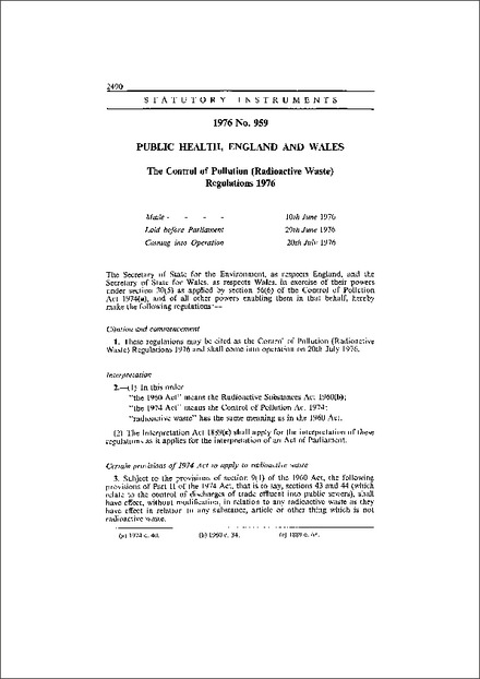 The Control of Pollution (Radioactive Waste) Regulations 1976