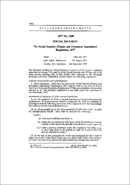 The Social Security (Claims and Payments) Amendment Regulations 1977