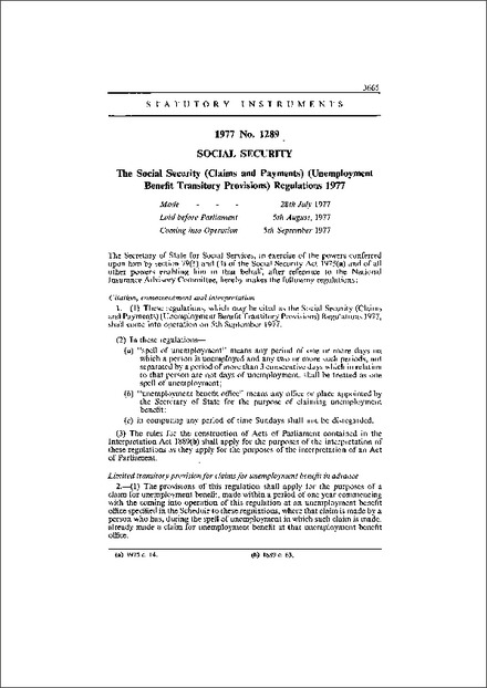 The Social Security (Claims and Payments) (Unemployment Benefit Transitory Provisions) Regulations 1977