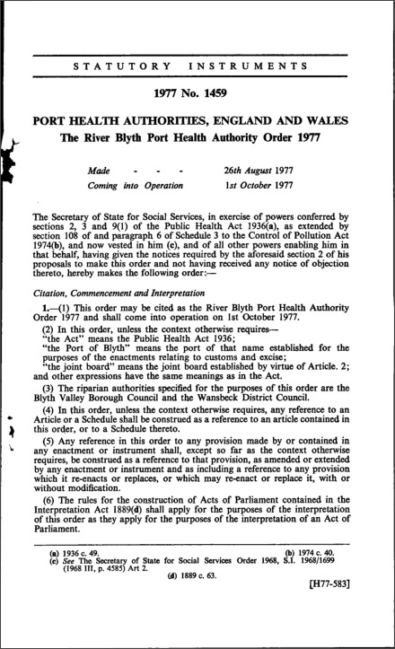 The River Blyth Port Health Authority Order 1977