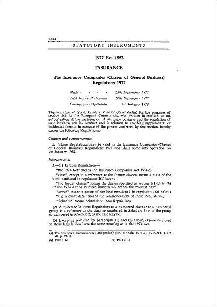 The Insurance Companies (Classes of General Business) Regulations 1977