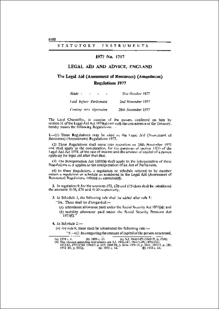 The Legal Aid (Assessment of Resources) (Amendment) Regulations 1977