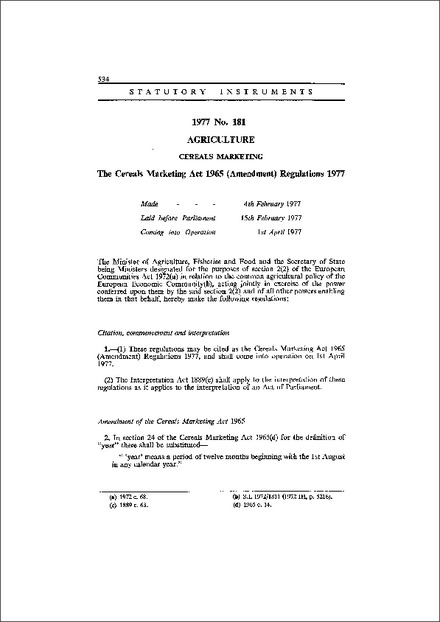 The Cereals Marketing Act 1965 (Amendment) Regulations 1977
