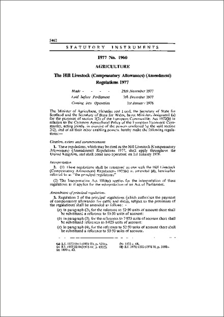 The Hill Livestock (Compensatory Allowances) (Amendment) Regulations 1977