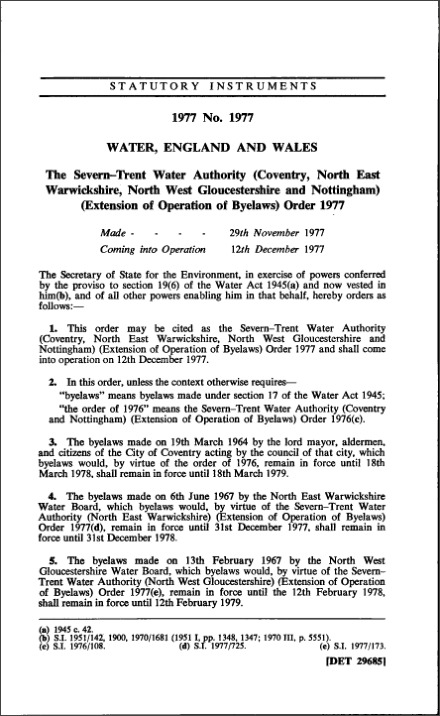 The Severn—Trent Water Authority (Coventry, North East Warwickshire, North West Gloucestershire and Nottingham) (Extension of Operation of Byelaws) Order 1977
