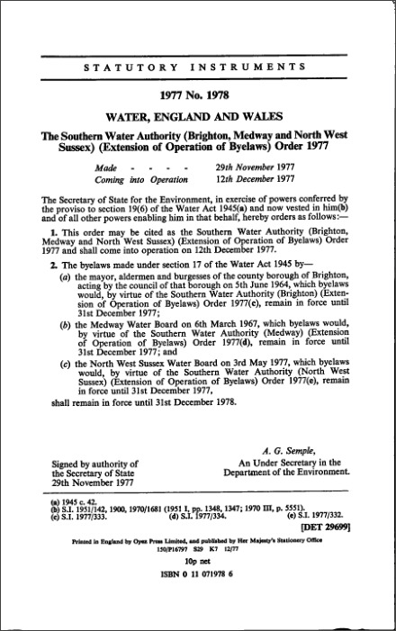 The Southern Water Authority (Brighton, Medway and North West Sussex) (Extension of Operation of Byelaws) Order 1977