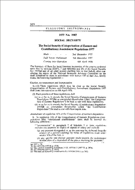 The Social Security (Categorisation of Earners and Contributions) Amendment Regulations 1977
