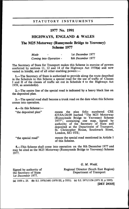 The M25 Motorway (Runnymede Bridge to Yeoveney) Scheme 1977