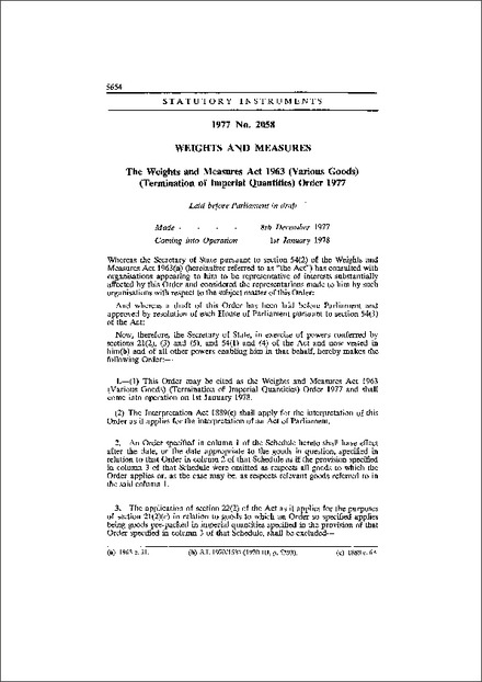 The Weights and Measures Act 1963 (Various Goods) (Termination of Imperial Quantities) Order 1977