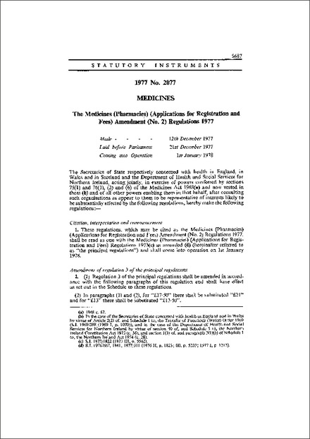The Medicines (Pharmacies) (Applications for Registration and Fees) Amendment (No. 2) Regulations 1977