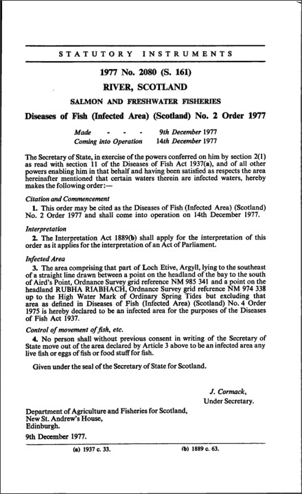 Diseases of Fish (Infected Area) (Scotland) No. 2 Order 1977