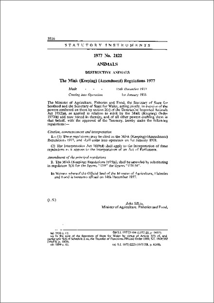 The Mink (Keeping) (Amendment) Regulations 1977