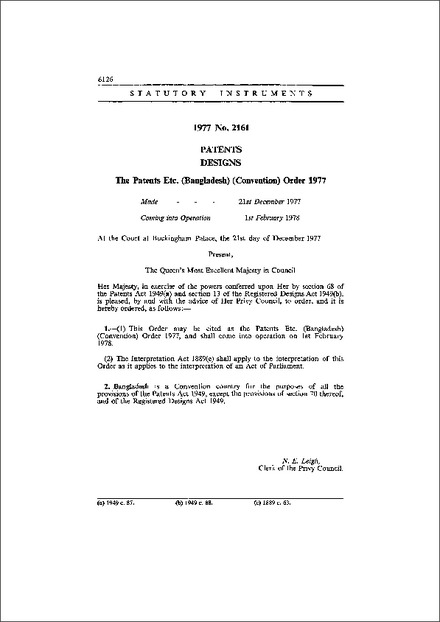 The Patents Etc. (Bangladesh) (Convention) Order 1977