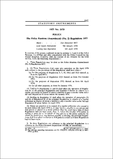 The Police Pensions (Amendment) (No. 2) Regulations 1977