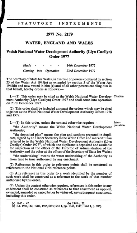 Welsh National Water Development Authority (Llyn Cwellyn) Order 1977