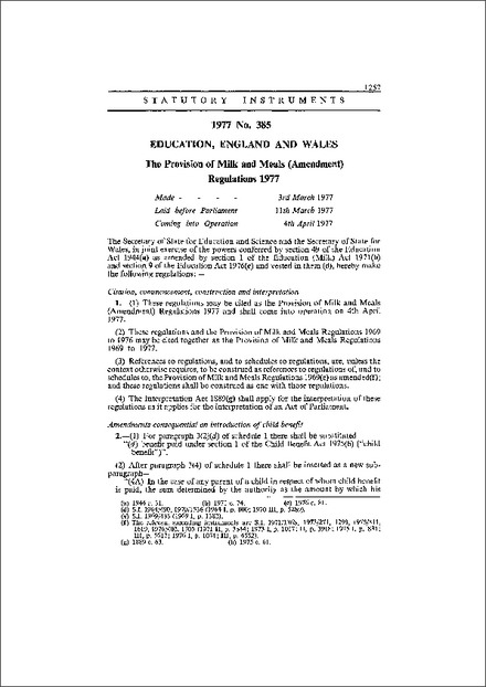 The Provision of Milk and Meals (Amendment) Regulations 1977