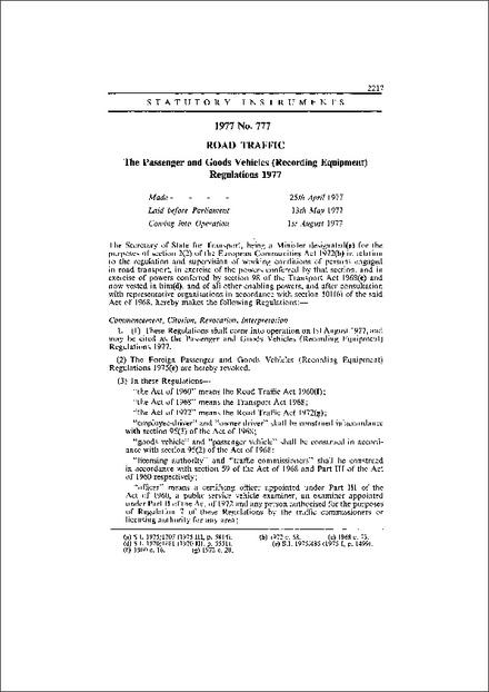 The Passenger and Goods Vehicles (Recording Equipment) Regulations 1977