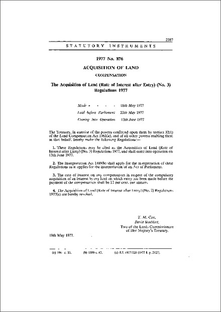 The Acquisition of Land (Rate of Interest after Entry) (No. 3) Regulations 1977