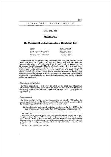The Medicines (Labelling) Amendment Regulations 1977